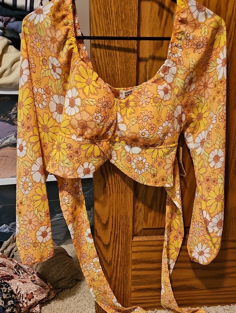 Yellow Floral Tie-Front Long Sleeve Crop Top - Women's